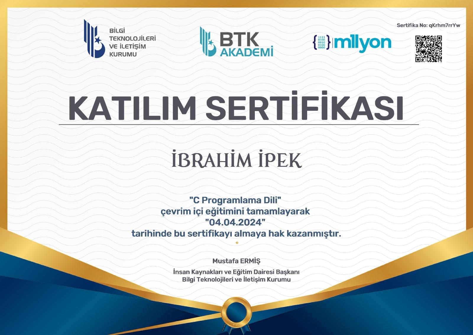 BTK - C Programlama Dili Katilim Sertifikasi