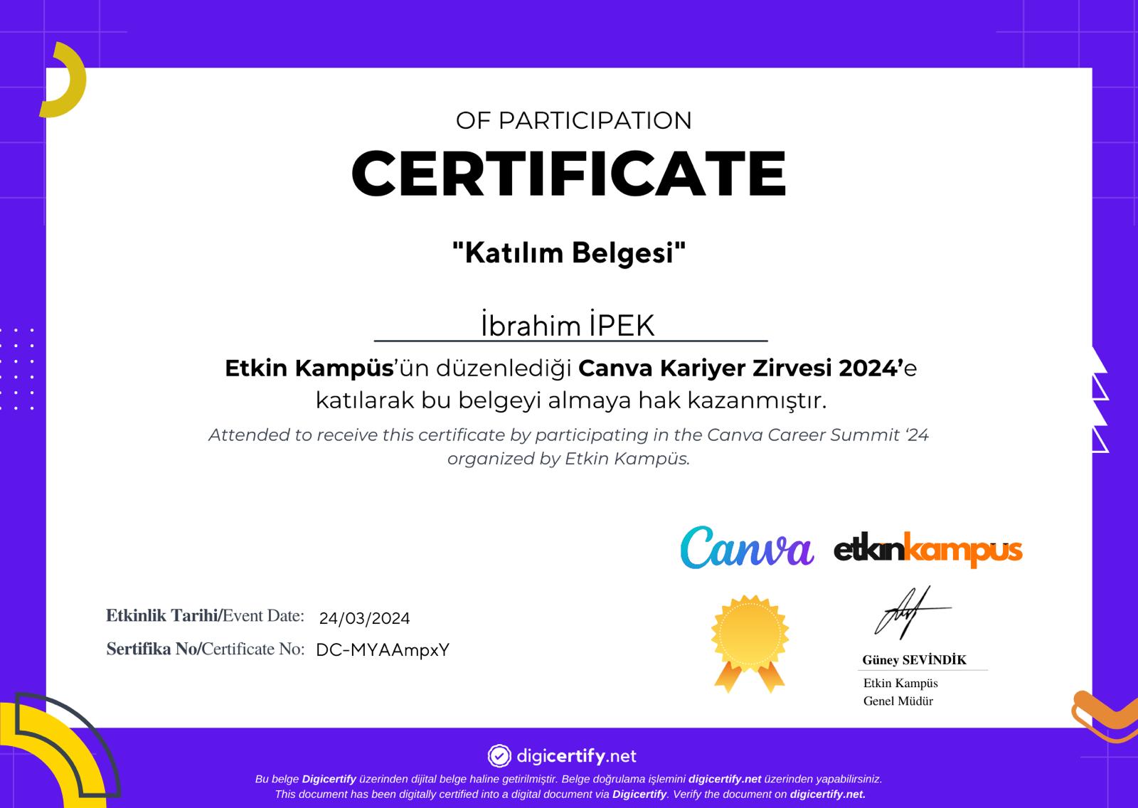 Etkin Kampus - Canva Kariyer Zirvesi Katilim Sertifikasi
