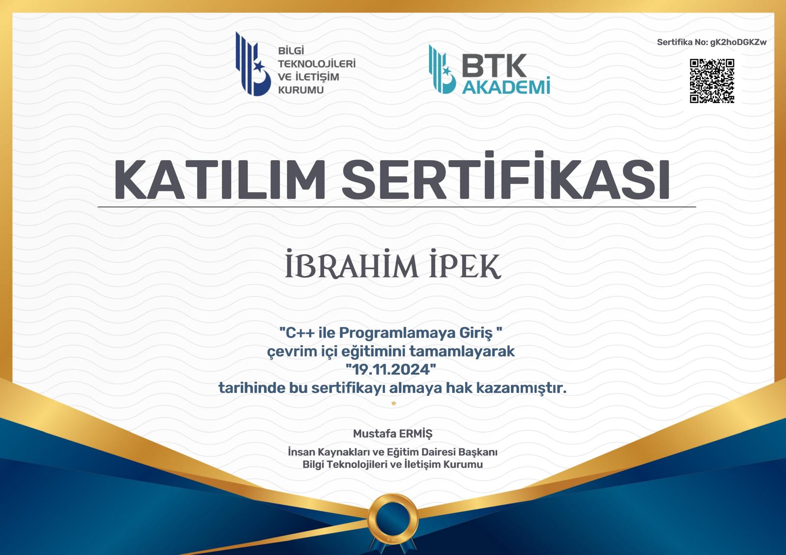 BTK - C++ Programalaya Giris Katilim Sertifikasi