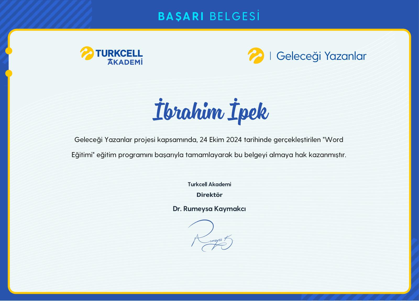 Gelecegi Yazanlar - Word Egitimi Katilim Sertifikasi